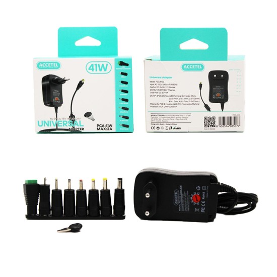 CARREGADOR ADAPTADOR UNIVERSAL ACCETEL PCA41W COM 8 PINOS 41W 6V-24V MAX. 2A PRETO